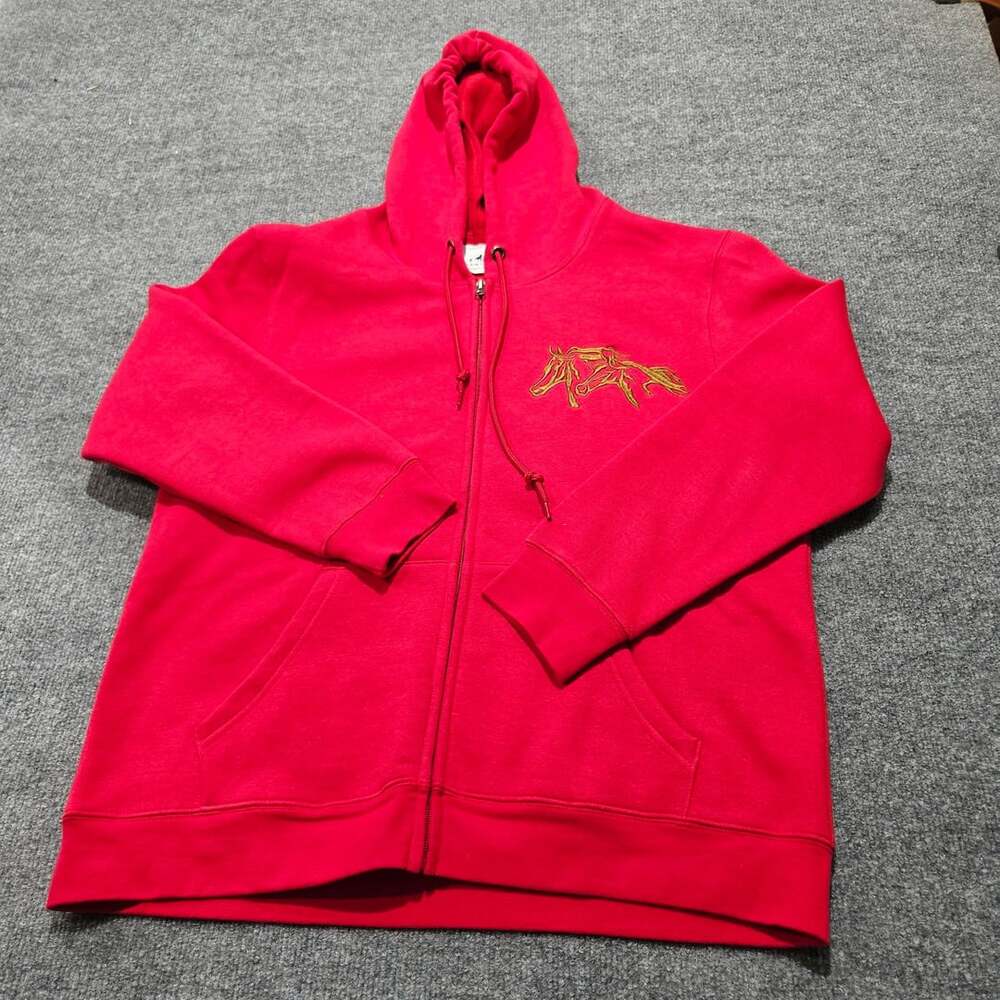 Back In The Saddle Red Horse Embroidered Full Zip Hoodie Sweatshirt Large